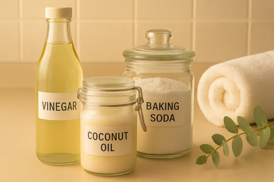 A comparison flat-lay showing popular home remedy ingredients and a professionally labeled natural foot cream in a spa setting.