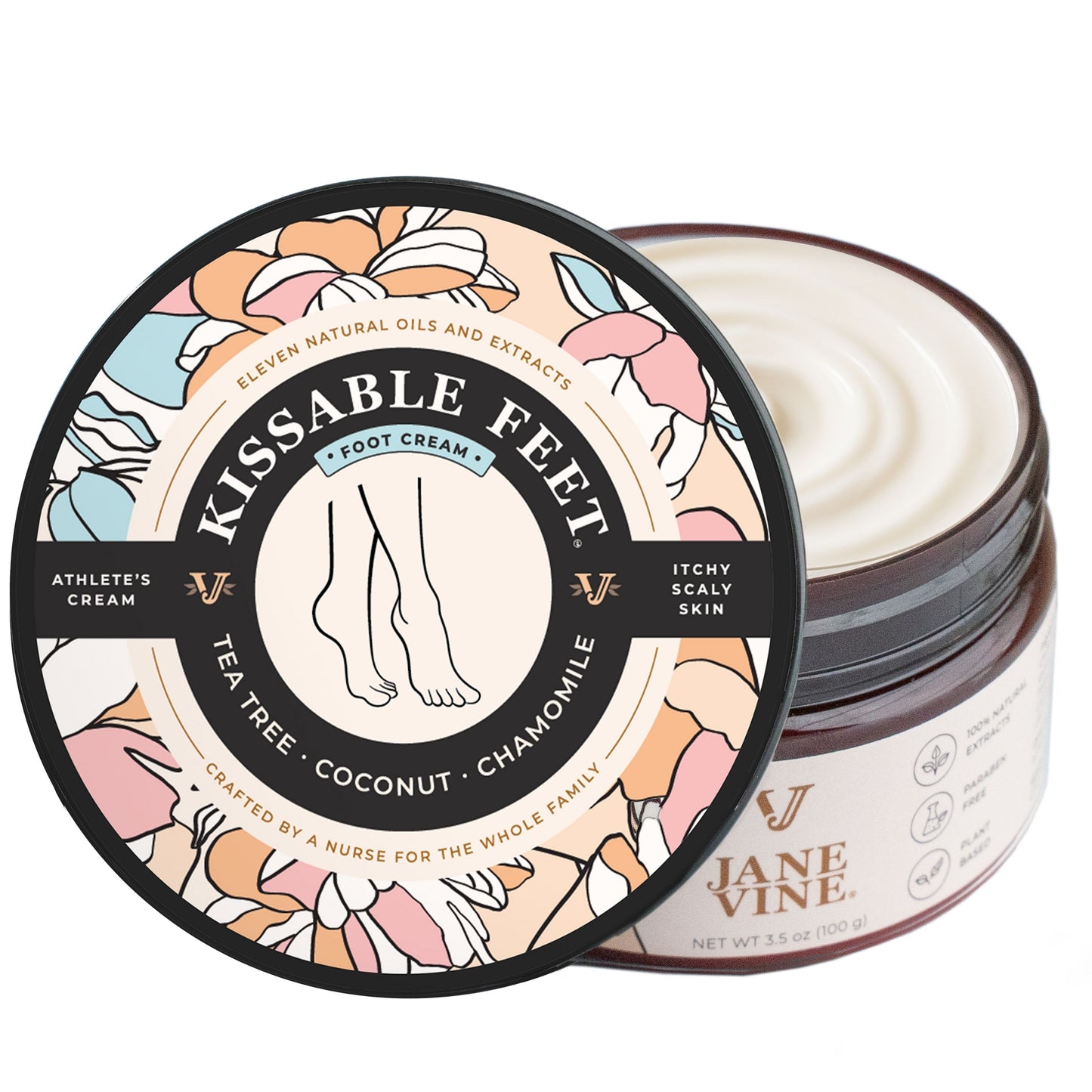 Jane Vine Kissable Feet – Natural Athlete’s Foot Cream for Itchy, Peeling Feet | Antifungal Tea Tree, Coconut & Calendula Formula | No-Sting, Nurse-Crafted Skin Relief – 3.5 oz