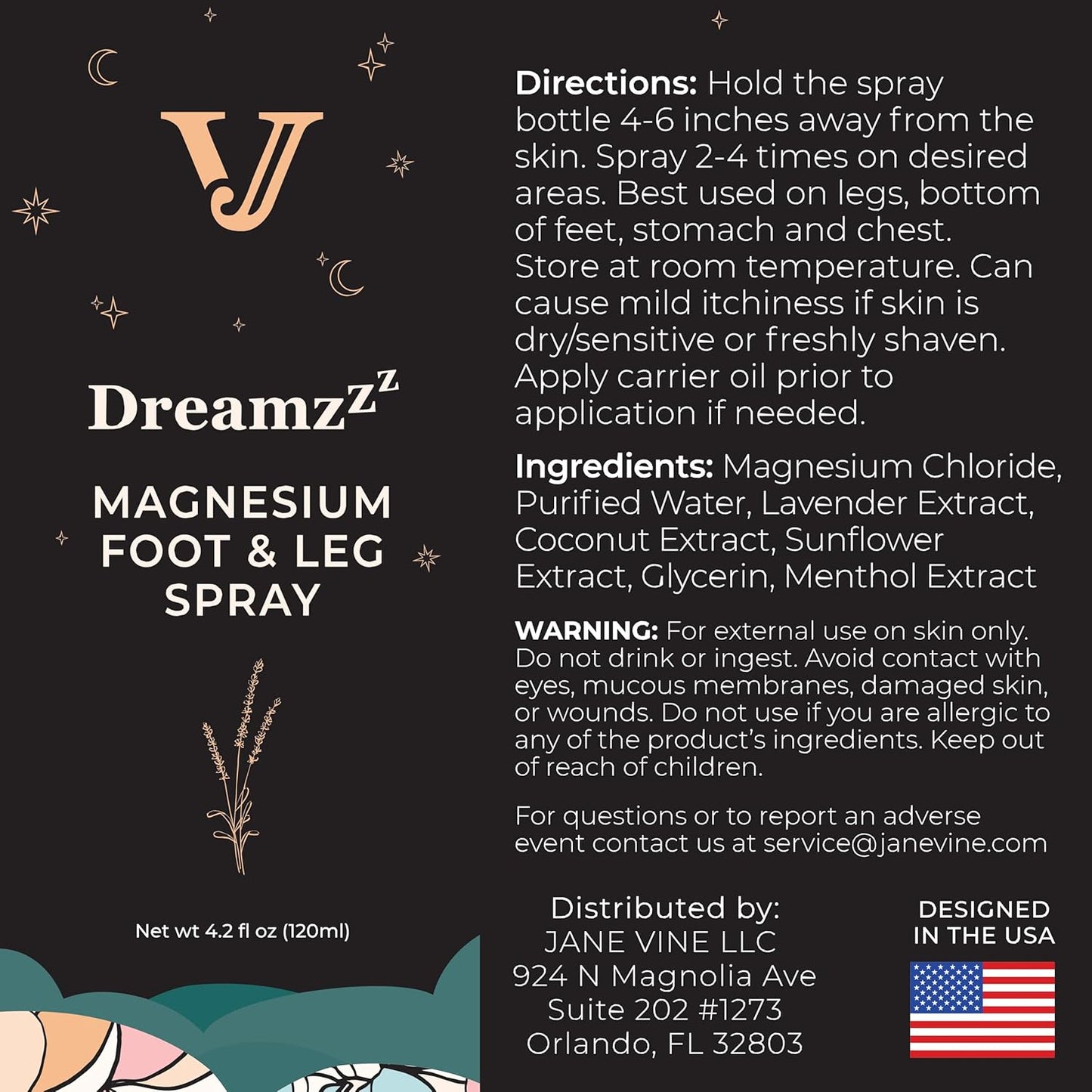 Jane Vine Dreamzzz Magnesium Spray for Feet and Sleep with Lavender & Coconut Oil – 4.2 oz
