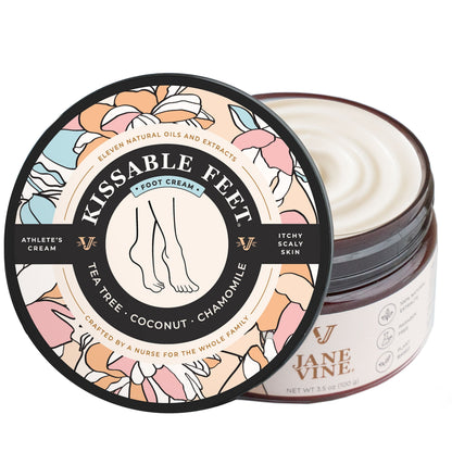Jane Vine Kissable Feet – Natural Athlete’s Foot Cream for Itchy, Peeling Feet | Antifungal Tea Tree, Coconut & Calendula Formula | No-Sting, Nurse-Crafted Skin Relief – 3.5 oz